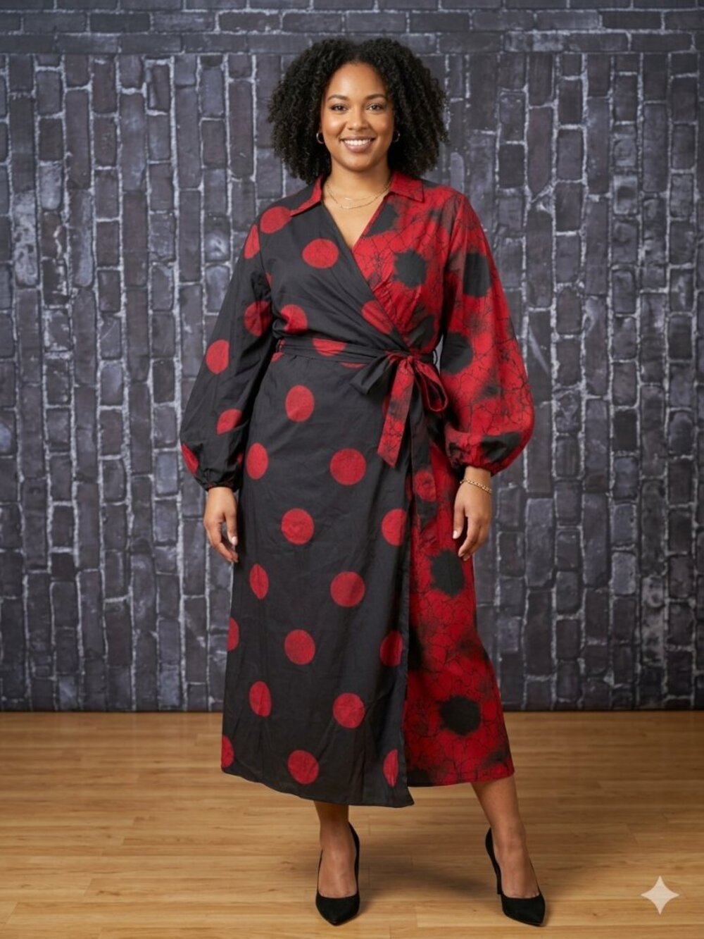 SHEIN Curve Black & Red Polka Dot Wrap Midi Dress Balloon Sleeves  Plus Size 1XL